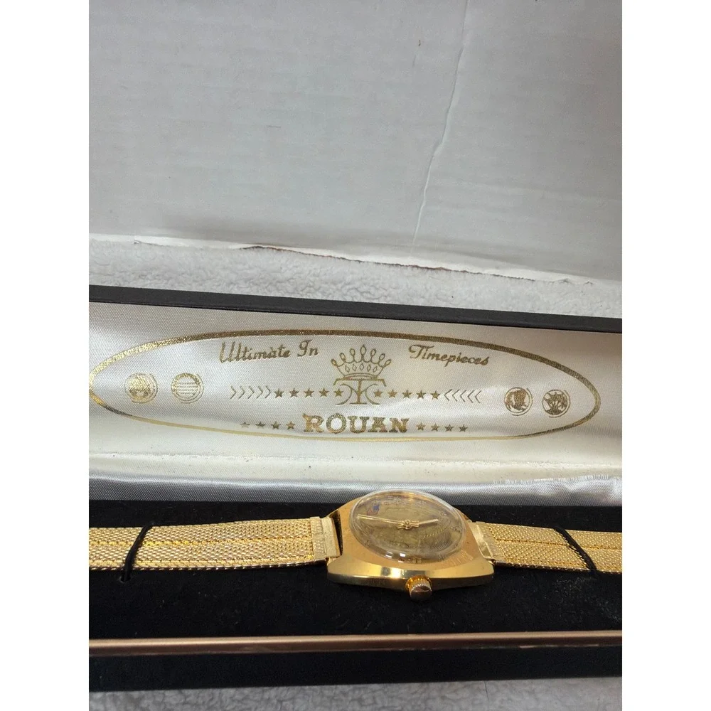 Rouan Watch Mens Gold Bicentennial 1776-1976 Lady Liberty Mesh Band Vintage Box